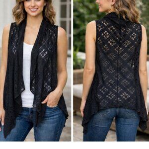Nally & Millie Open Front Lace Vest Black  Lightweight Draped Cardigan Size S/M